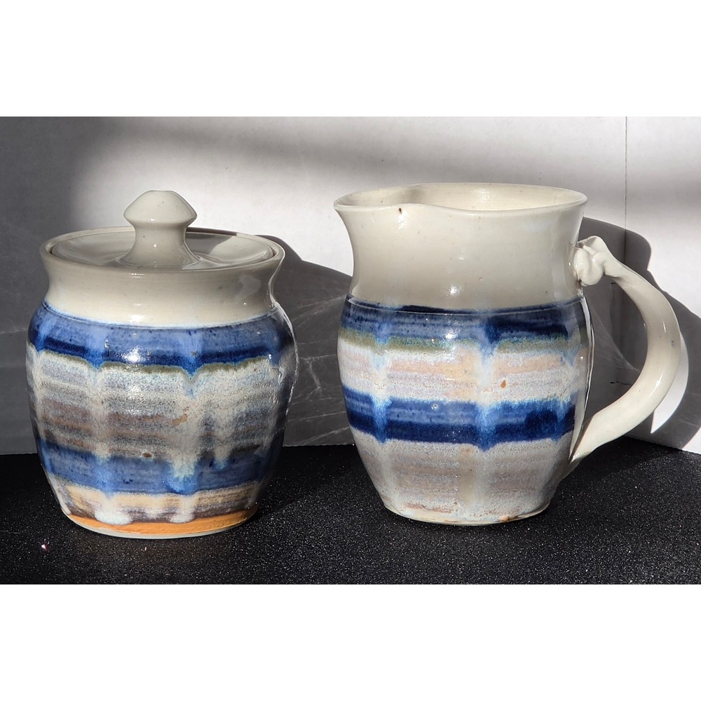 Vintage‎ Studio Art Pottery Cream and Sugar Set Blue Cream Drip Glaze Ceramic